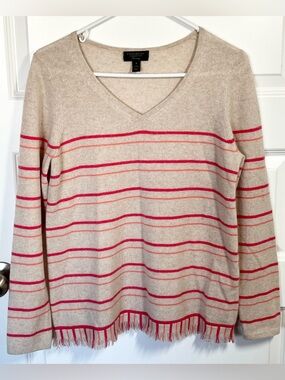 Charter Club 100% Cashmere Striped V Neck Fringe Sweater M